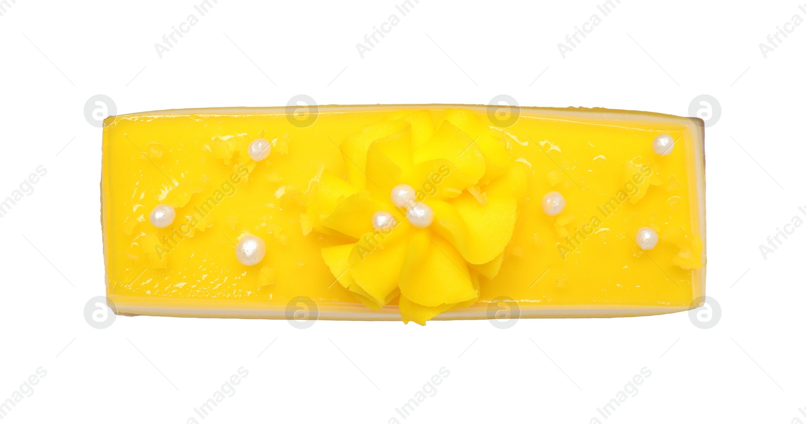 Photo of Delicious cheesecake with lemon isolated on white, top view