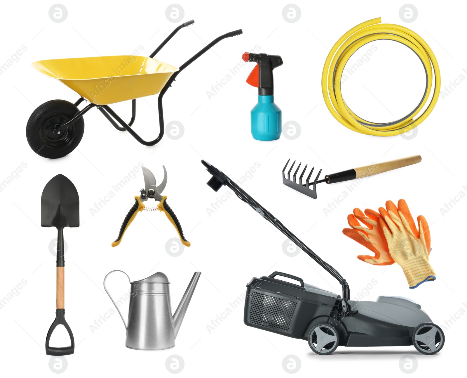 Image of Set with different gardening tools on white background