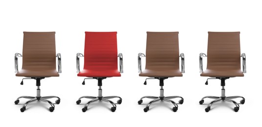 Vacant position. Red office chair among brown ones on white background, banner design