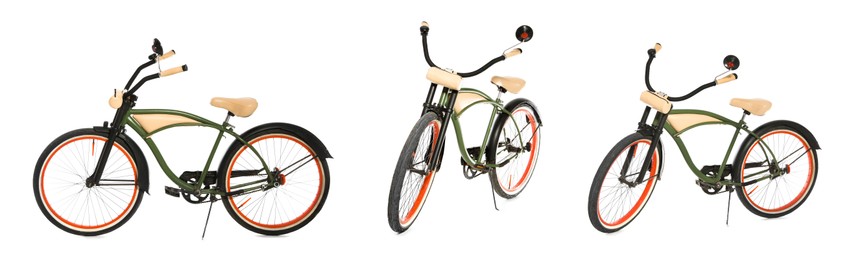 Image of Collage with bicycle on white background, views from different sides. Banner design