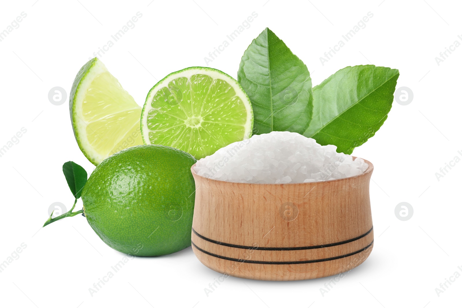 Image of Limes and salt isolated on white. Margarita cocktail ingredients