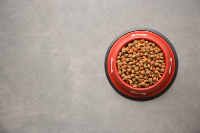 Photo of Dry dog food in feeding bowl on beige floor, top view. Space for text