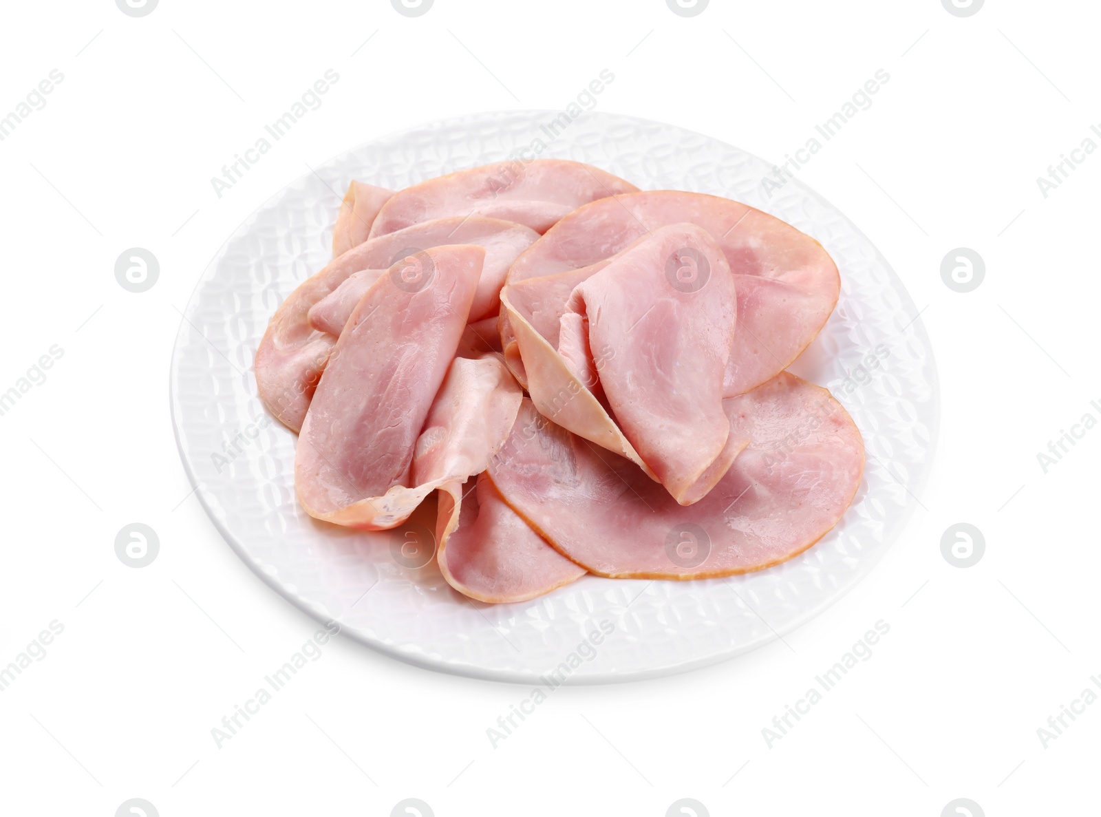 Photo of Slices of tasty ham isolated on white