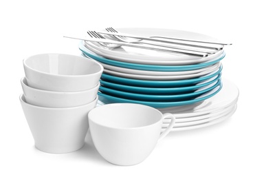 Different clean tableware on white background