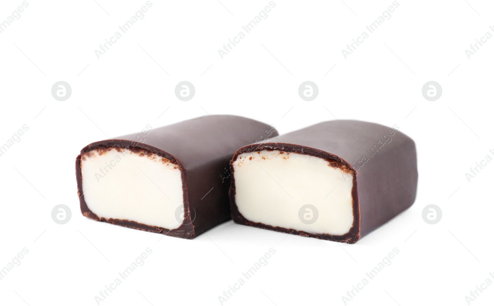 Photo of Delicious cut glazed cheese on white background