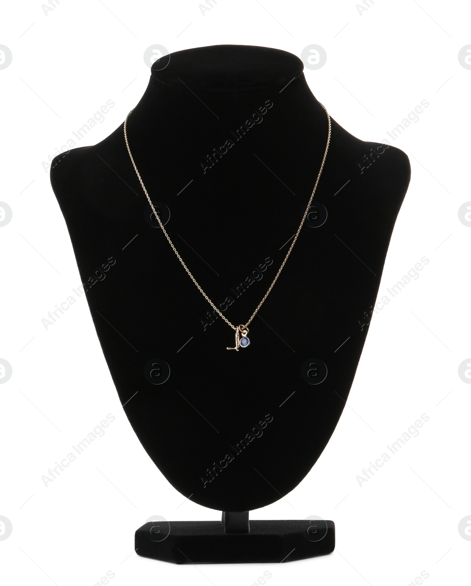 Photo of Stylish golden necklace on jewelry bust against white background