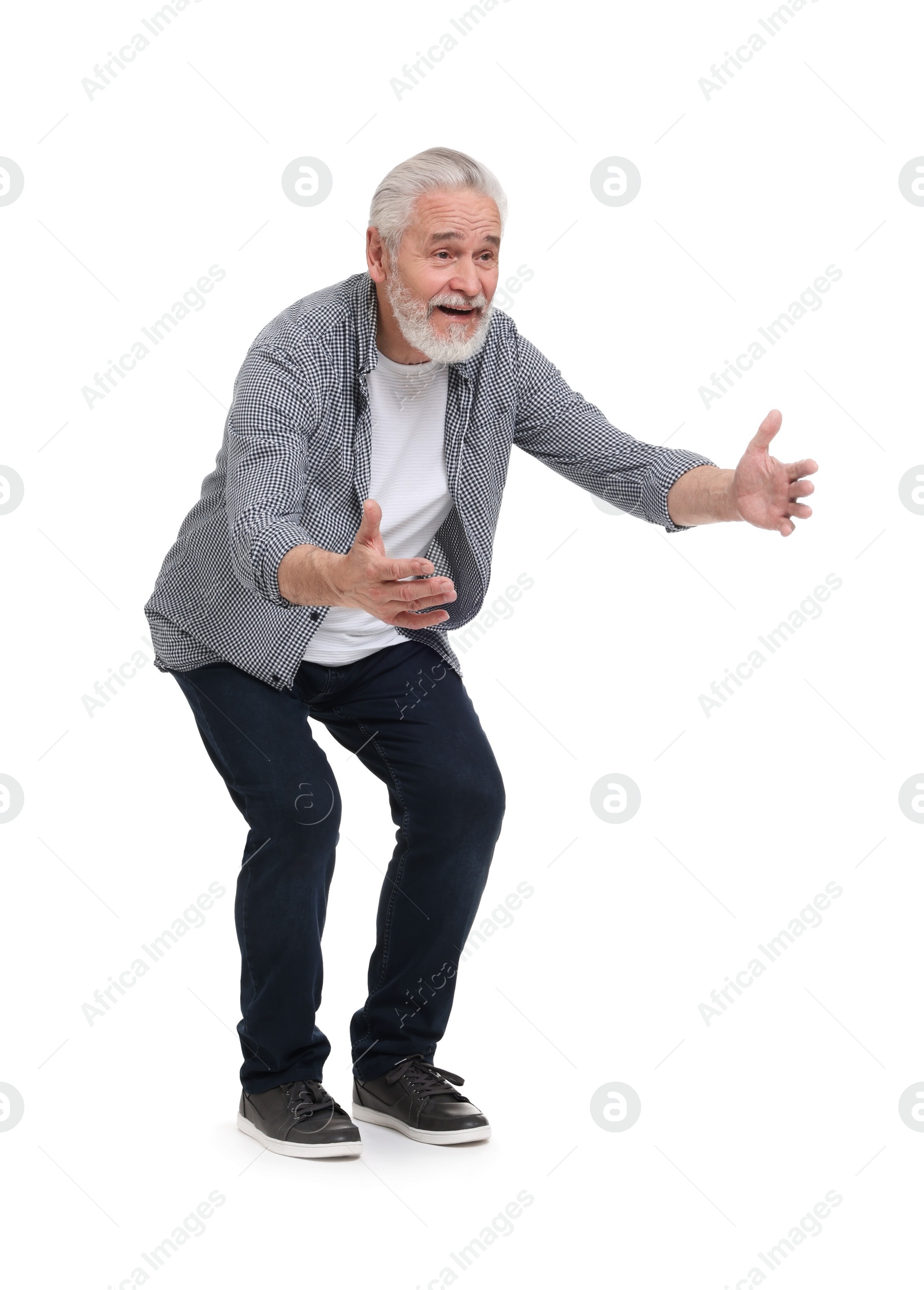 Photo of Senior man greeting someone on white background