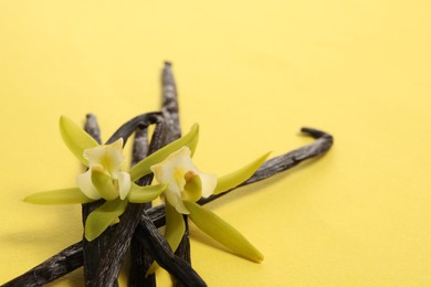 Photo of Vanilla pods and beautiful flowers on yellow background, closeup. Space for text