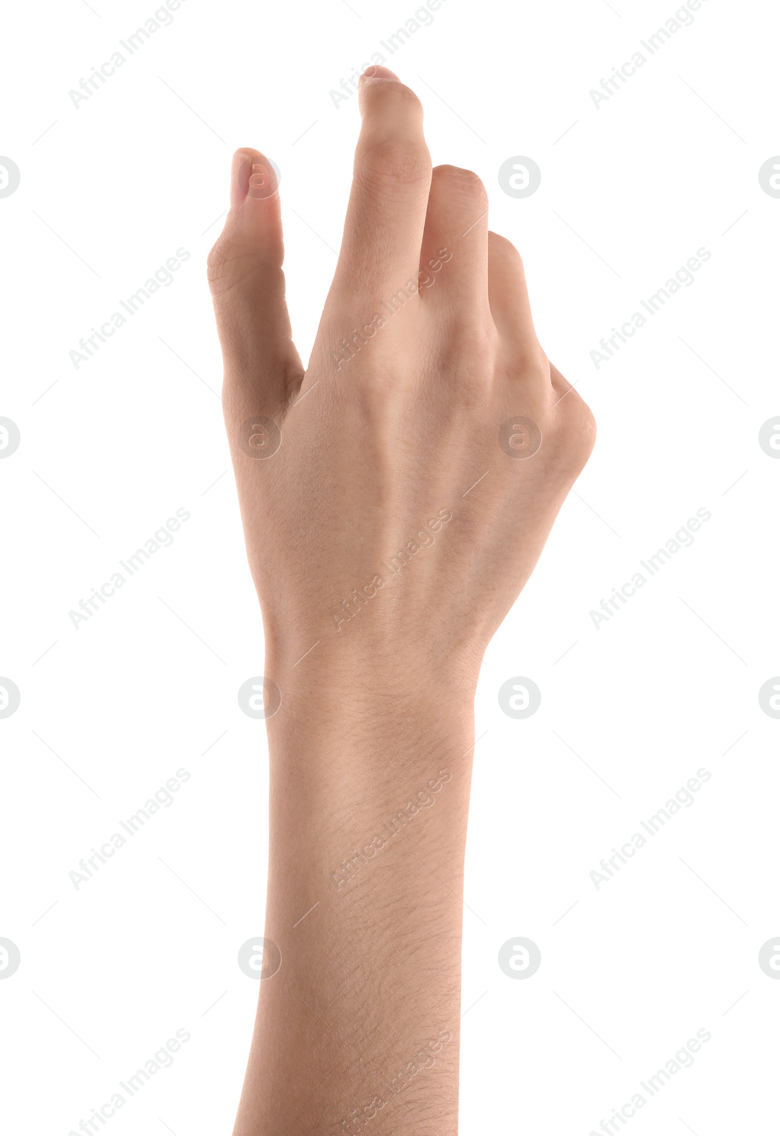 Photo of Woman holding something on white background, closeup of hand