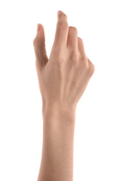 Photo of Woman holding something on white background, closeup of hand