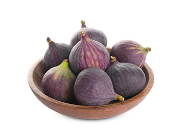 Bowl with whole purple figs on white background