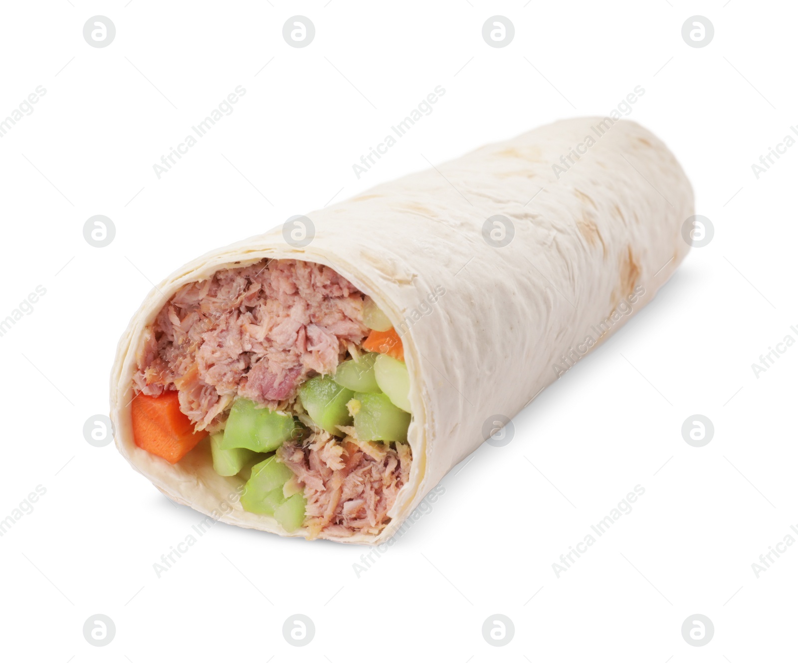 Photo of Delicious tortilla wrap with tuna and vegetables isolated on white