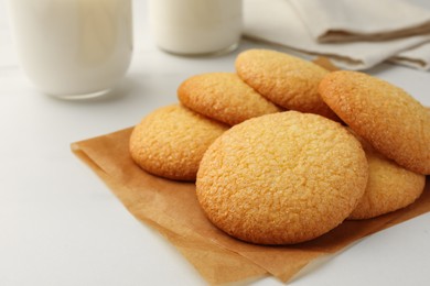 Photo of Delicious Danish butter cookies on white marble table, closeup