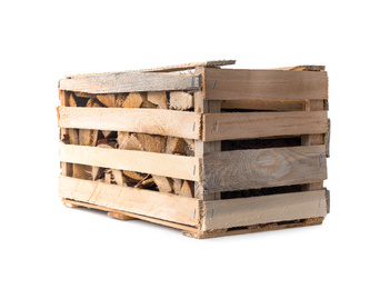 Photo of Cut firewood on white background. Heating in winter