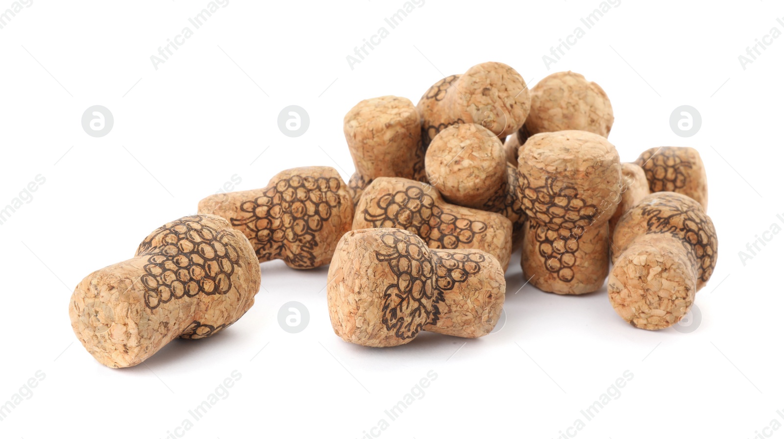 Photo of Heap of sparkling wine corks on white background