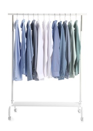 Wardrobe rack with men clothes on white background