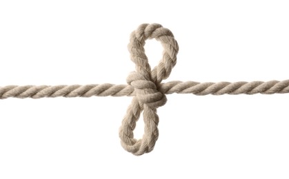 Photo of Cotton rope with bow knot on white background