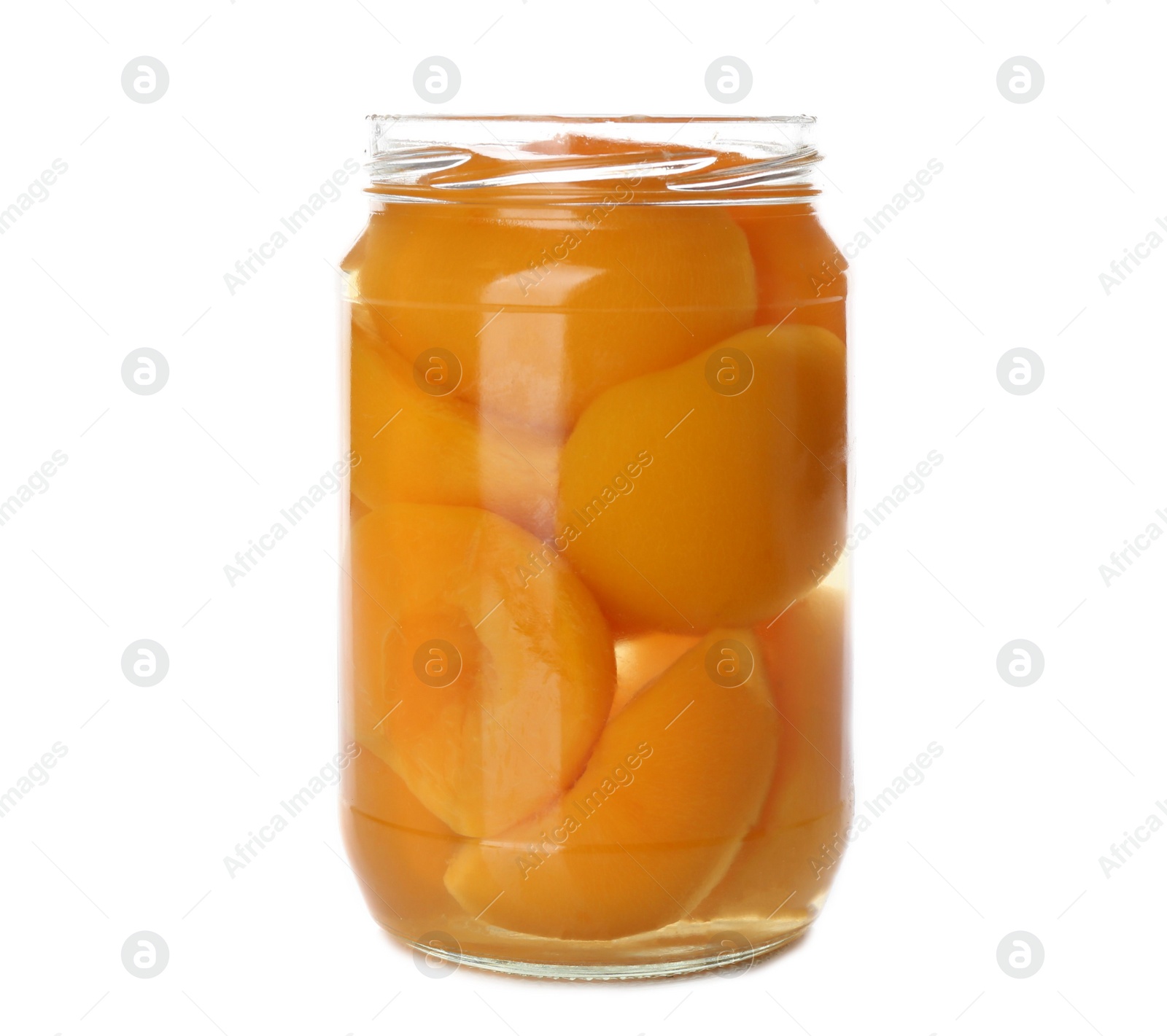 Photo of Jar of pickled apricots isolated on white