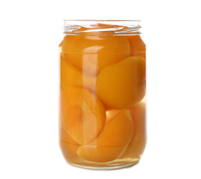 Photo of Jar of pickled apricots isolated on white