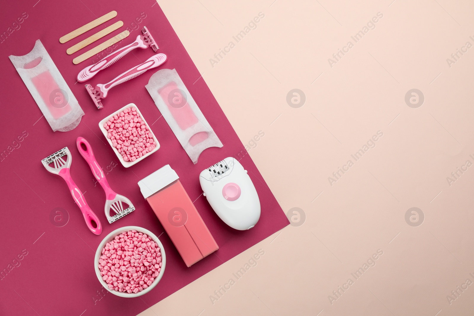 Photo of Set of epilation products on color background, flat lay. Space for text