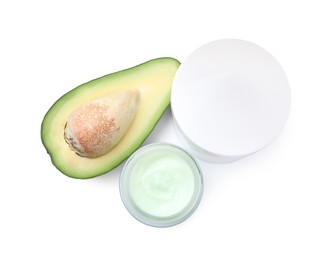 Body cream and cosmetic product with avocado on white background, top view