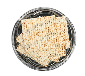 Passover matzos isolated on white, top view. Pesach celebration