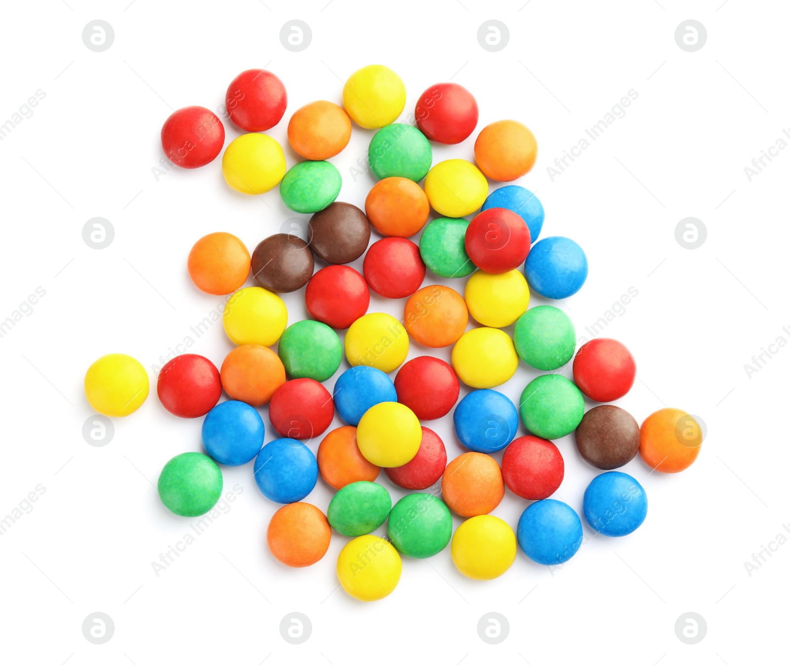 Photo of Tasty colorful candies on white background, top view