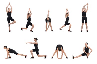 Image of Young woman doing morning exercises on white background, collage design