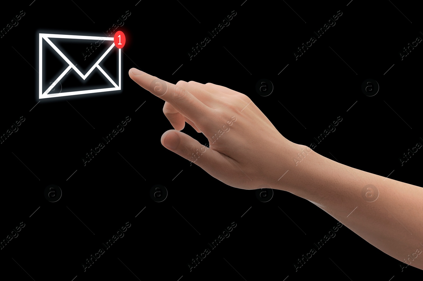 Image of Email. Man touching virtual screen with incoming letter notification against black background, closeup