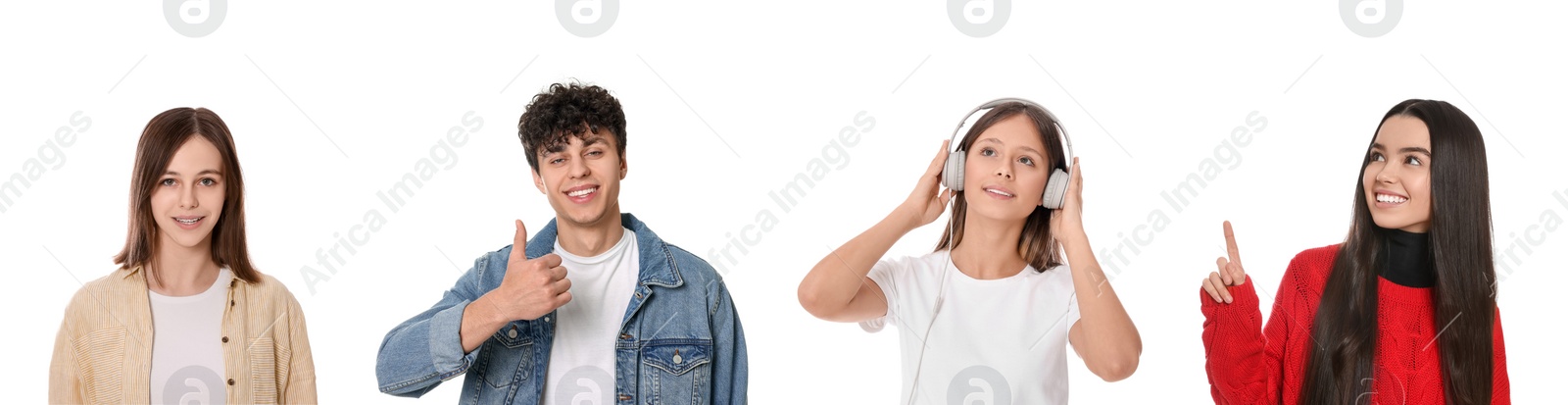 Image of Collage with photos of teenagers on white background