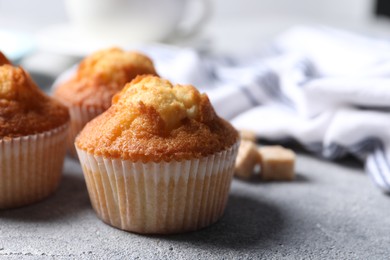 Delicious sweet muffins on light grey textured table, closeup. Space for text