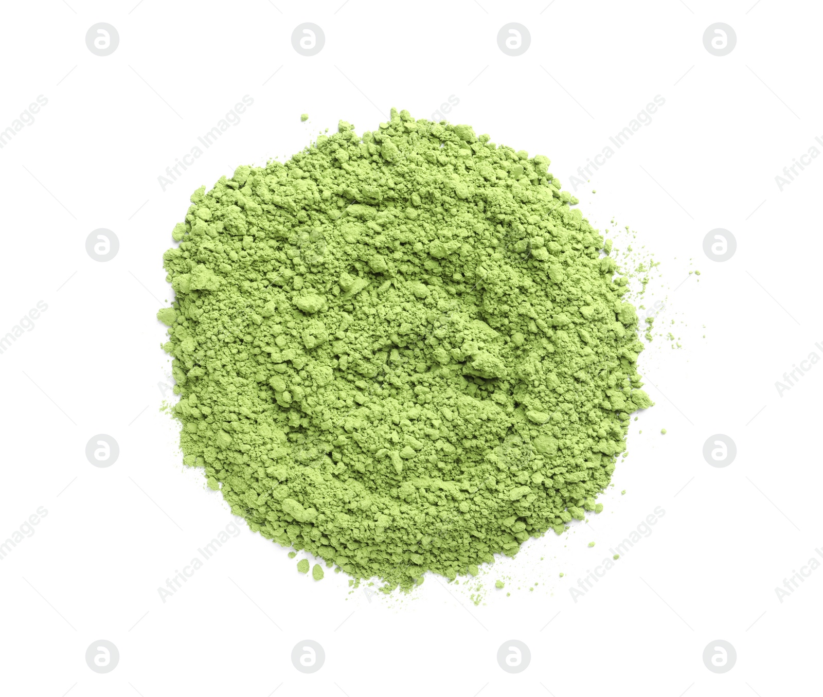 Photo of Pile of green matcha powder isolated on white, top view