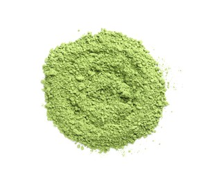 Pile of green matcha powder isolated on white, top view