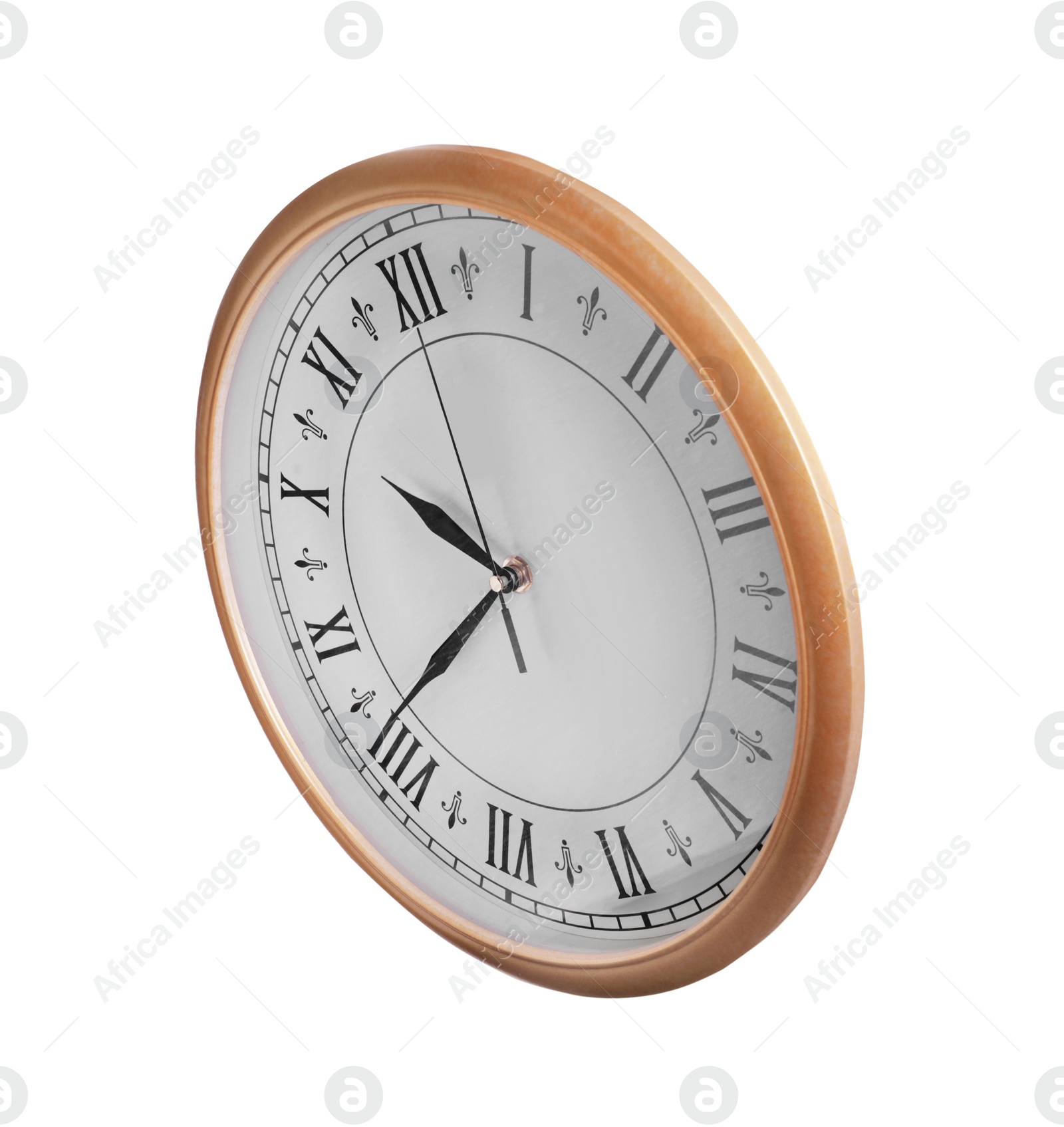 Photo of Stylish round clock isolated on white. Interior element