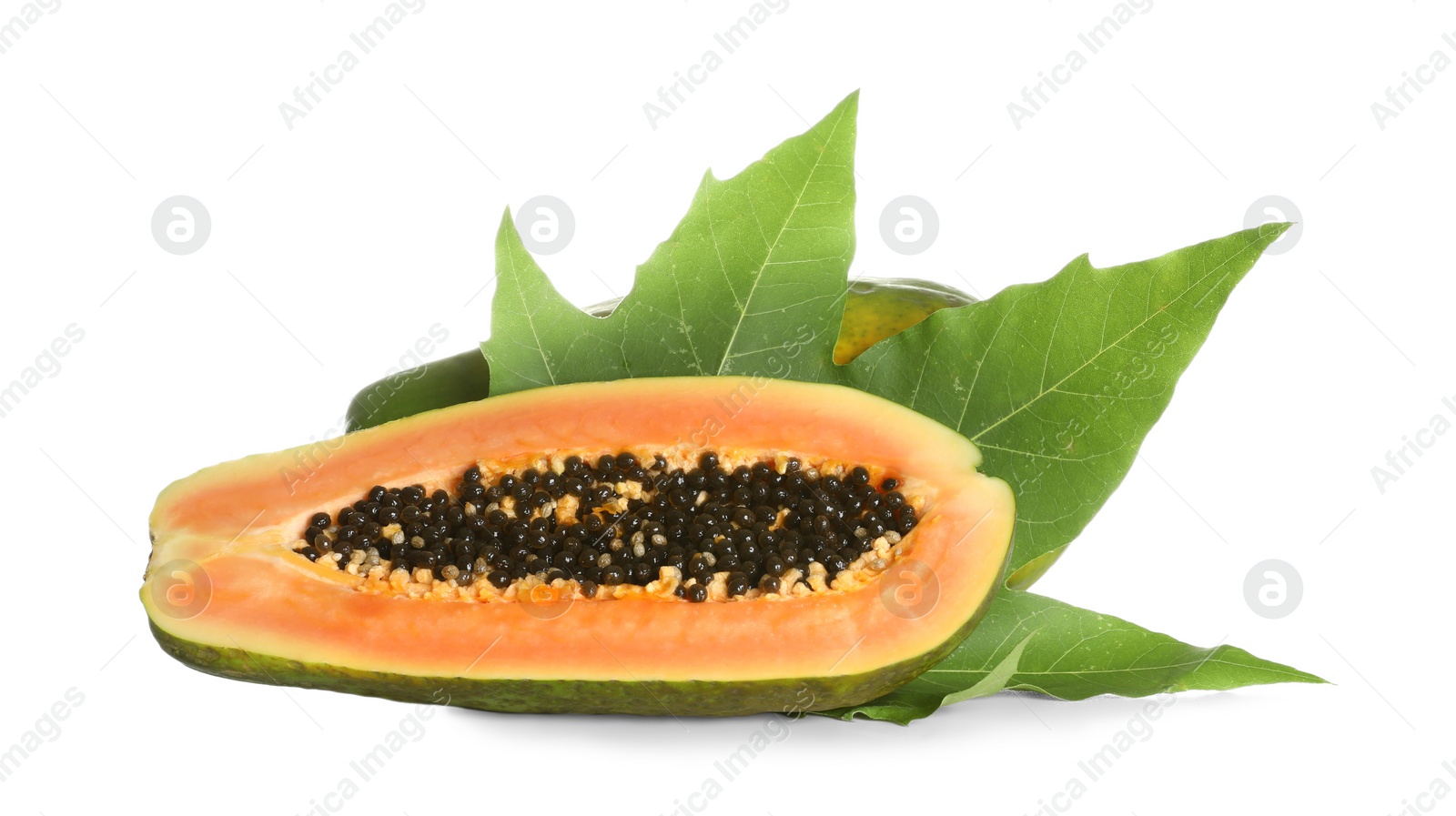 Photo of Fresh juicy ripe papayas with leaf on white background