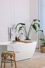 Photo of Stylish bathroom interior with beautiful tub, stool and houseplants