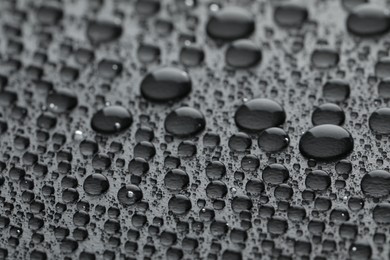 Water drops on grey background, closeup view