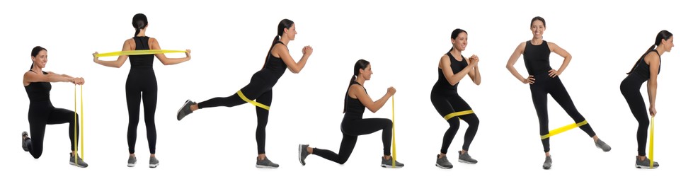 Image of Woman doing sportive exercises with fitness elastic band on white background, collage. Banner design