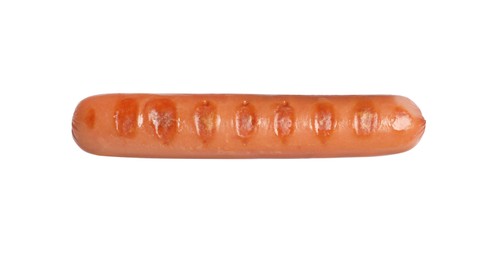 Tasty grilled sausage on white background, top view. Ingredient for hot dog