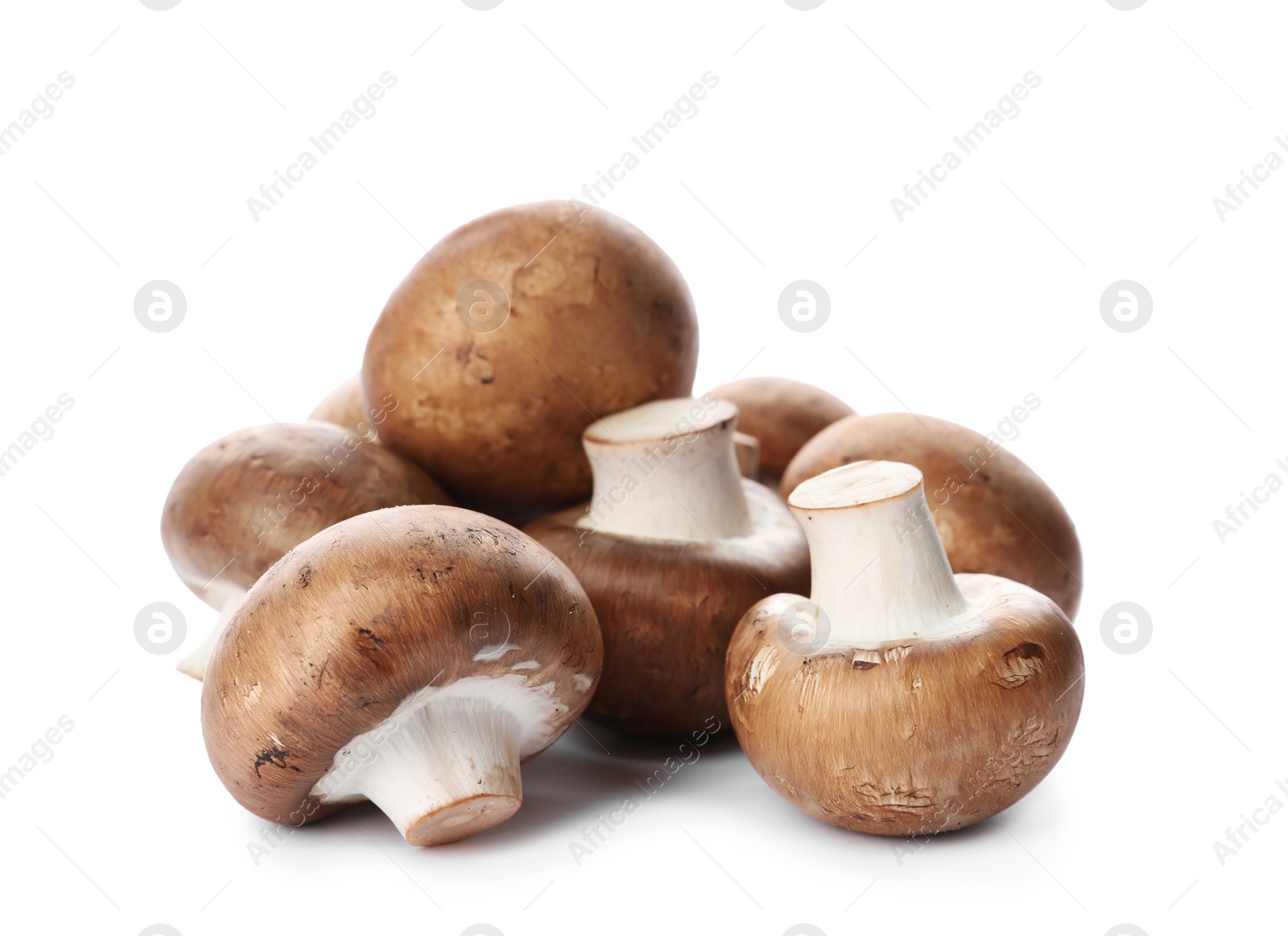 Photo of Fresh champignon mushrooms isolated on white. Healthy food