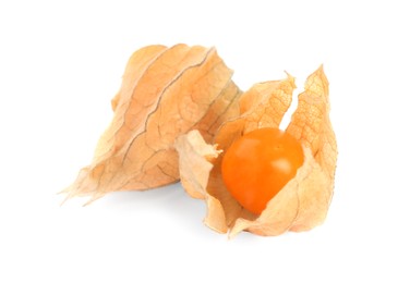 Photo of Ripe physalis fruits with dry husk on white background