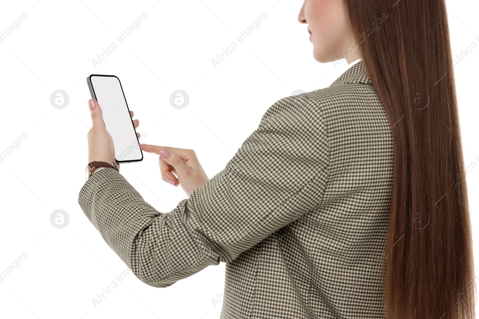 Photo of Woman using smartphone with blank screen on white background, closeup. Mockup for design