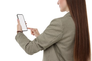 Photo of Woman using smartphone with blank screen on white background, closeup. Mockup for design