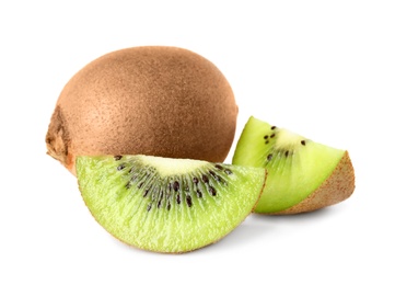 Photo of Cut and whole fresh kiwis on white background