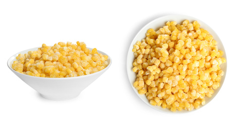 Image of Frozen corn in bowls on white background. Vegetable preservation