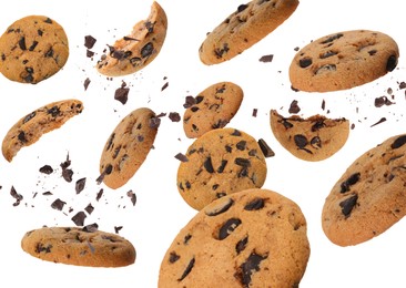 Image of Tasty chocolate chip cookies falling on white background