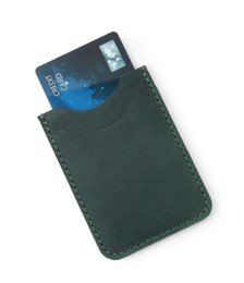Photo of Leather card holder with plastic credit card isolated on white, top view