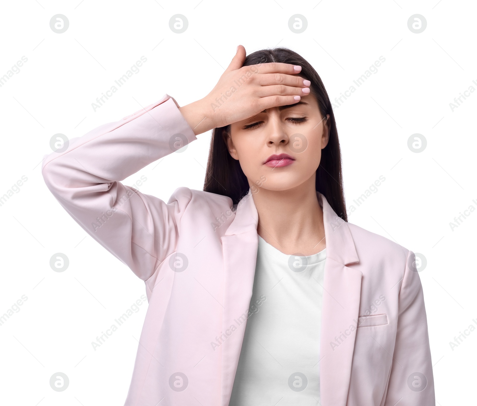 Photo of Beautiful young businesswoman standing on white background