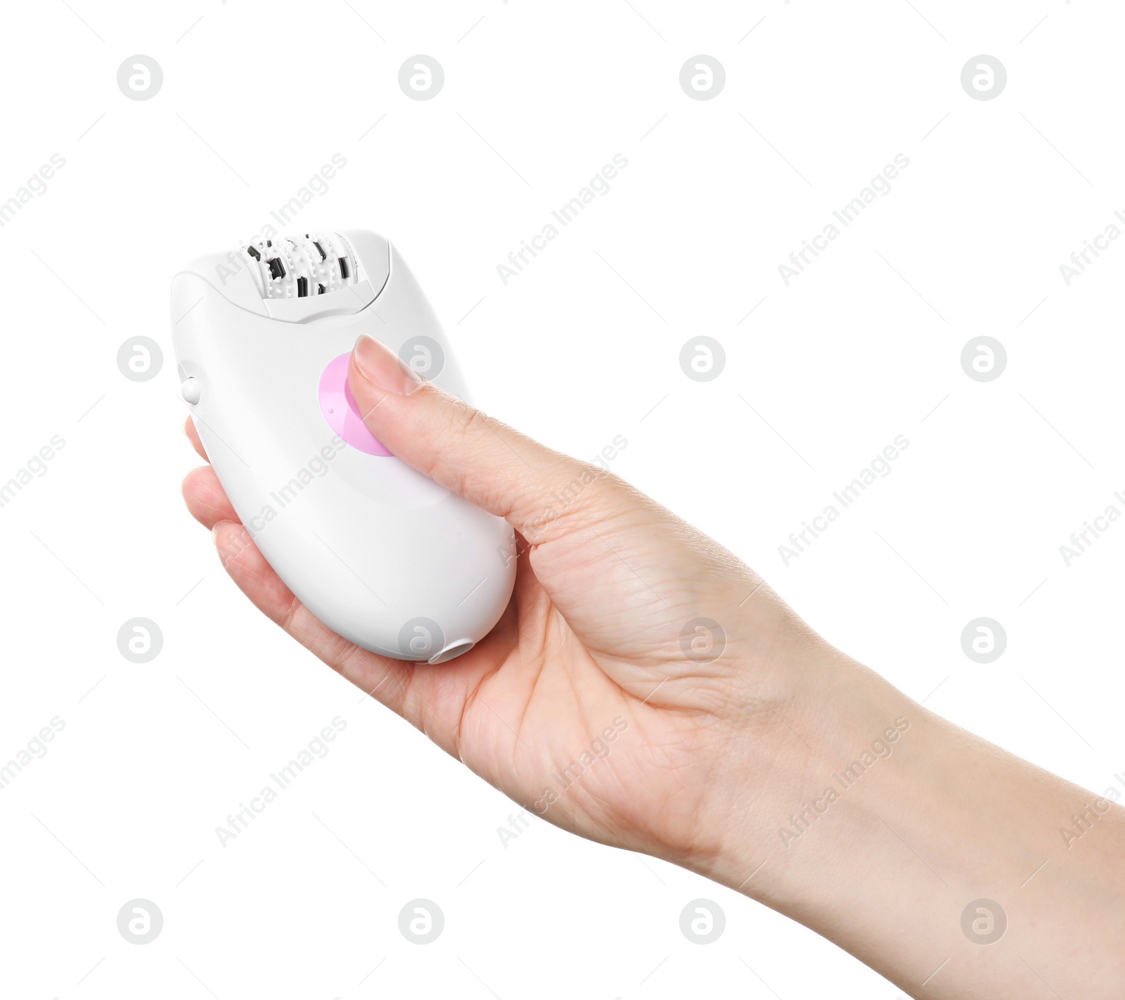 Photo of Woman holding modern epilator on white background, closeup