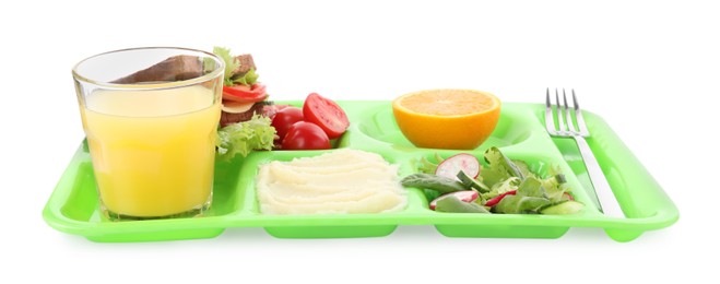 Photo of Serving tray of healthy food isolated on white. School lunch